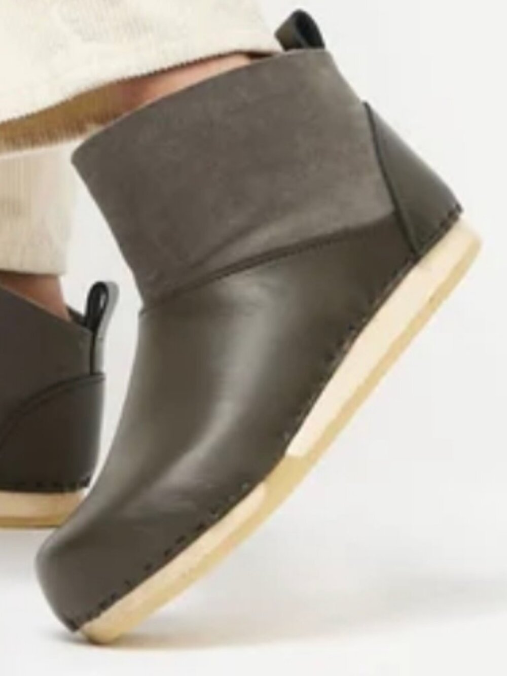 No 6 Low Shearling Clog Boots on Flat Bendable Base in Storm/Olive